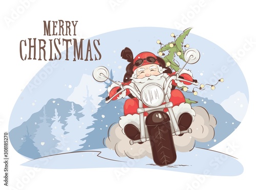 Christmas card -- Santa biker / Vector illustration, Santa Claus on chopper with gifts and trees	