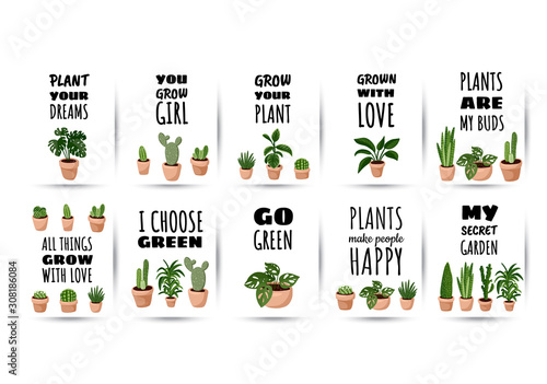Hygge set of postcards. Collection of potted succulent plants flyers. Cozy lagom scandinavian style posters photo