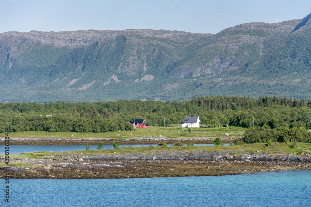 cliffs and houses on shore near fir wood on cliff, near Bronnoysund, Norway cliffs and houses on shore near fir wood on cliff, near Bronnoysund, Norway