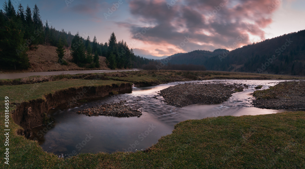 Evening in river valley in Carpathian Mountains