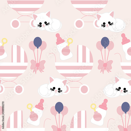 beautiful kitten and baby girl elements in a seamless pattern design
