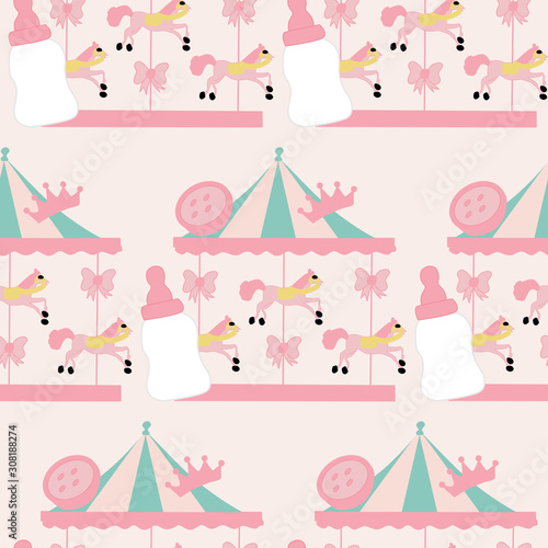 horse carousel and baby girl elements, seamless pattern