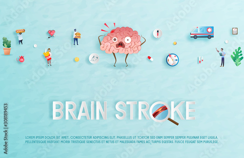Brain stroke disease. Heart awareness concept. Atherosclerosis stages. The red epicenter of the pain of the brain, health care cartoon. Suitable For Wallpaper, Banner, Background.Vector Illustration