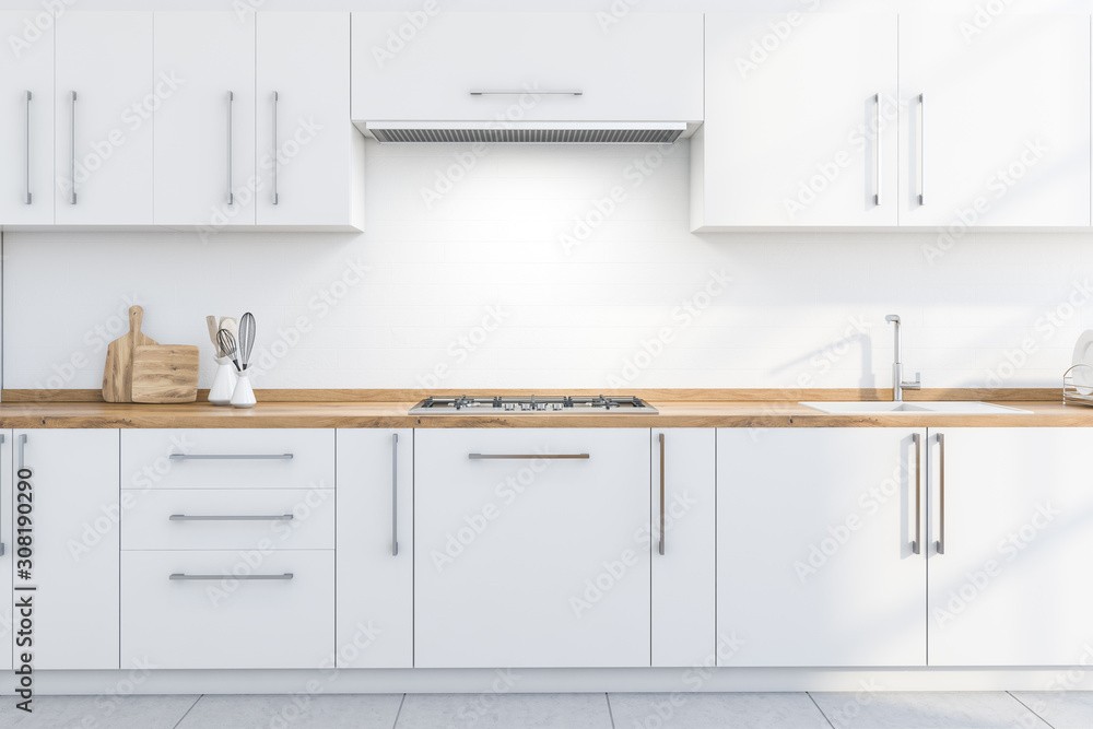 White kitchen countertops and cupboards - obrazy, fototapety, plakaty 