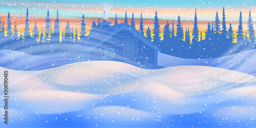 Fantasy on the theme of the winter landscape. Sunset light, small hut and forest. It snows. Vector illustration, EPS10