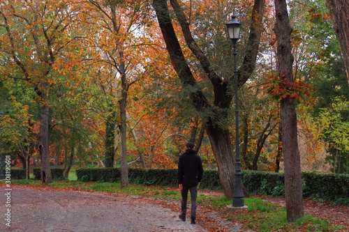man walking in autumn park