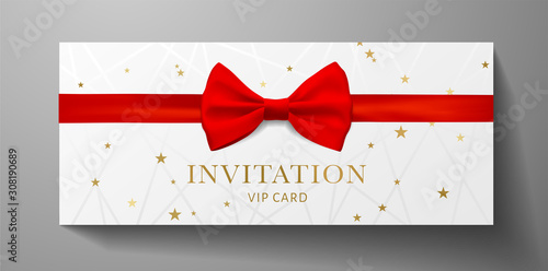 Luxurious VIP Invitation template with red bow tie (ribbon), lines, golden stars on white background. Premium class design for Gift certificate, Voucher, Gift card 