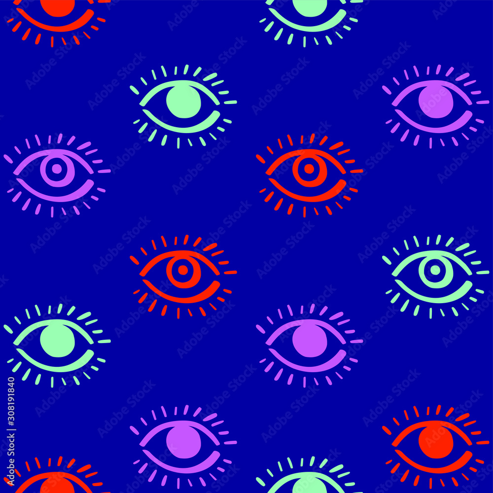 The Third Eye. Pop arty vibrant seamless pattern. Wide open human eyes, stylized simple linear vector. Trendy hand drawn graffiti style. Cool icons, trendy colors. Hip decor, wrapping paper, wallpaper