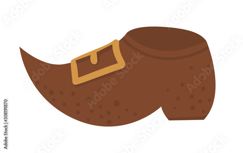 Vector flat funny brown leprechaun’s shoe with golden buckle. Cute St. Patrick’s Day illustration. National Irish holiday icon isolated on white background..