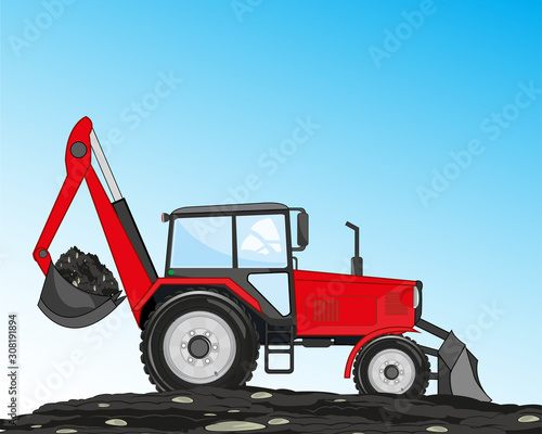 Tractor with scoop and shovel digs land