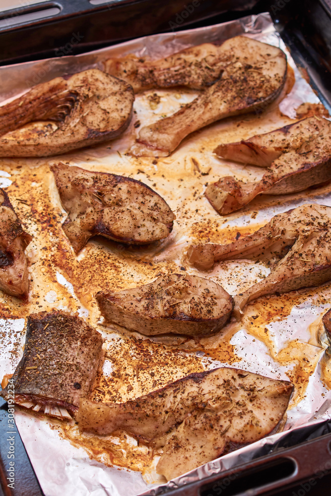 Cooking fresh fish steaks. Preparing healthy food