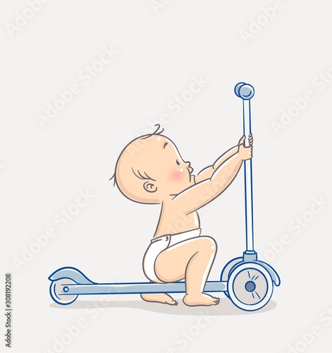 Cute Baby Boy Learning To Ride a 3 Wheel Scooter. Cartoon vector illustration