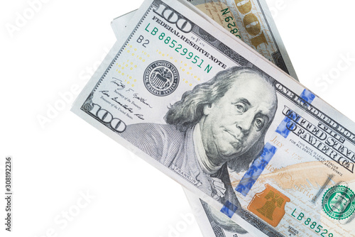 A stack of dollars on  white background.