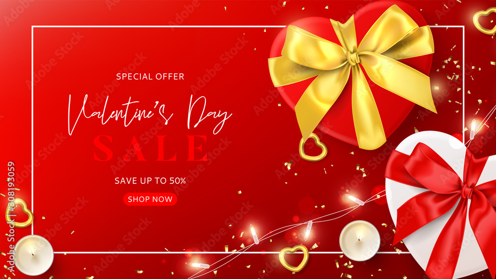 Web banner for Valentine's Day sale. Vector illustration with realistic gift boxes, candles, sparklink light garland, gold hearts and confetti on red background. Promo discount banner.