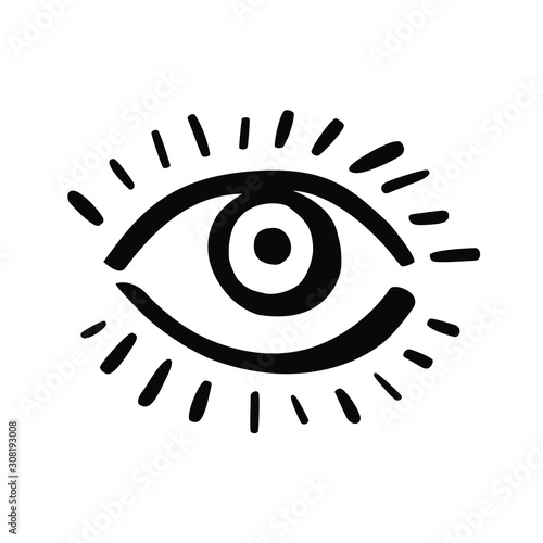 The Eye. Hand drawn graffiti illustration, doodle. Cool vector icon, trendy design element. Stylized simple image in retro linear style of wide open human eye. Sticker, hip tote, t-shirt graphic print
