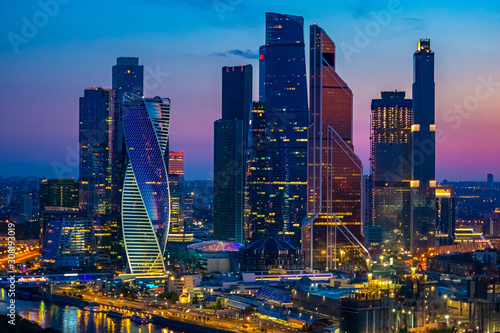 Moscow skyline. Russia. Moscow district of skyscrapers. Night panorama of Moscow. Skyscrapers of the capital aerial view. Presnenskaya embankment. Guide to Russia. City landscape in Russia. © Grispb