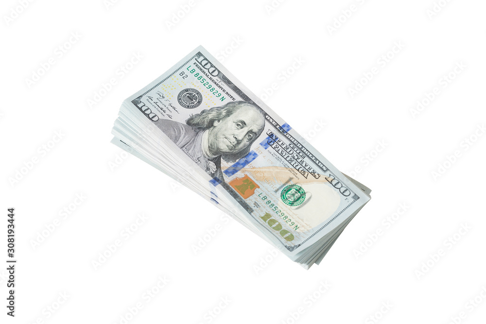 Stacks of $100 were stacked onwhite background. Stacks of $100 were stacked onwhite background.