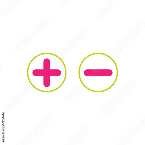 Green and pink plus and minus circle flat vector icons isolated on white.