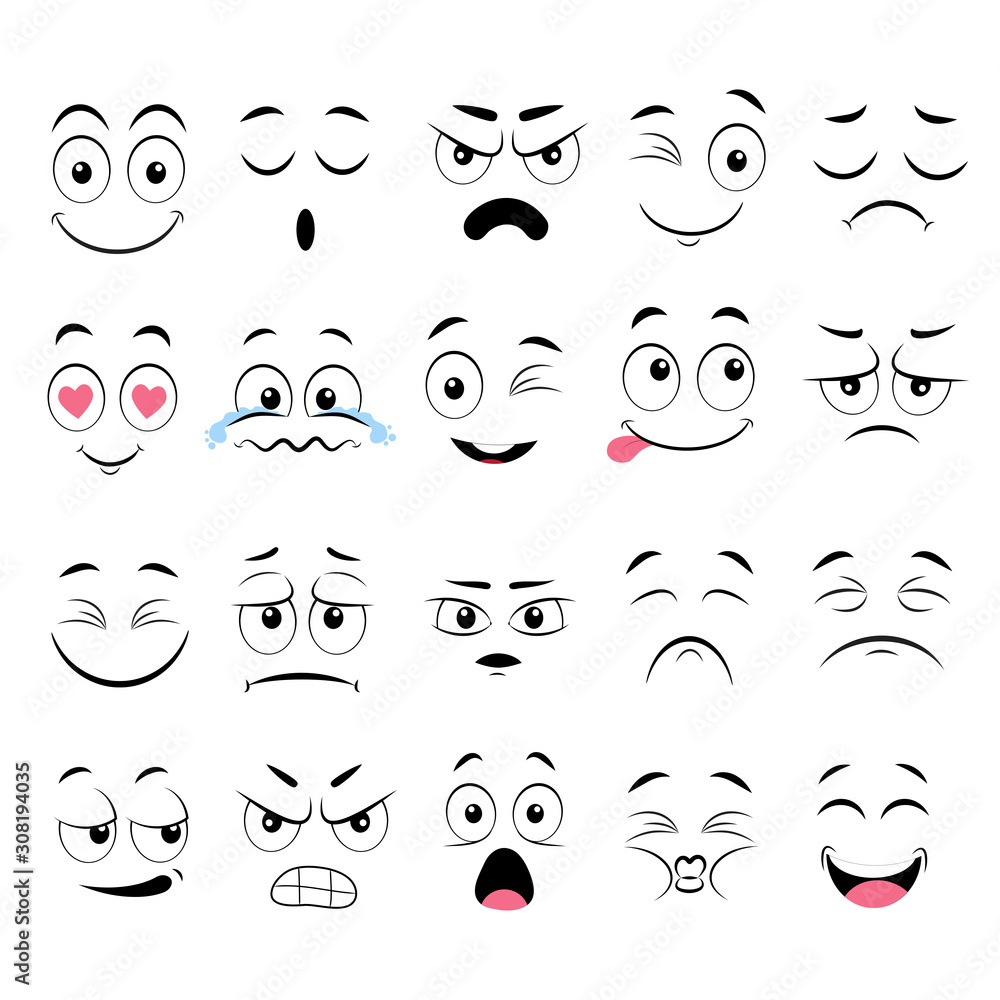 Cartoon faces. Expressive eyes and mouth, smiling, crying and surprised ...