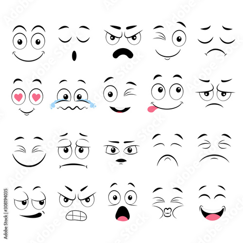 Cartoon faces. Expressive eyes and mouth, smiling, crying and surprised character face expressions. Caricature comic emotions or emoticon doodle. Isolated vector illustration icons set