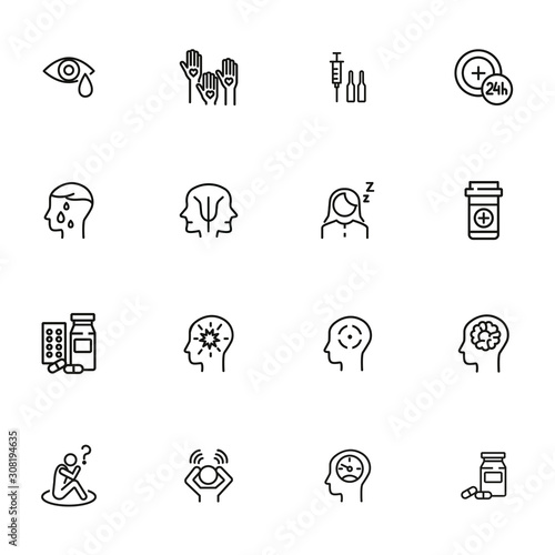 Mental health icon set. Psychology concept. Vector illustration can be used for topics like apothecary, pharmaceuticals, medicine