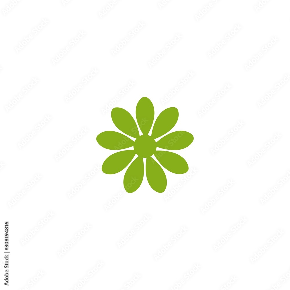Green flat icon of camomile or daisy. Isolated on white. Vector illustration. Eco style. Nature Green flat icon of camomile or daisy. Isolated on white. Vector illustration. Eco style. Nature
