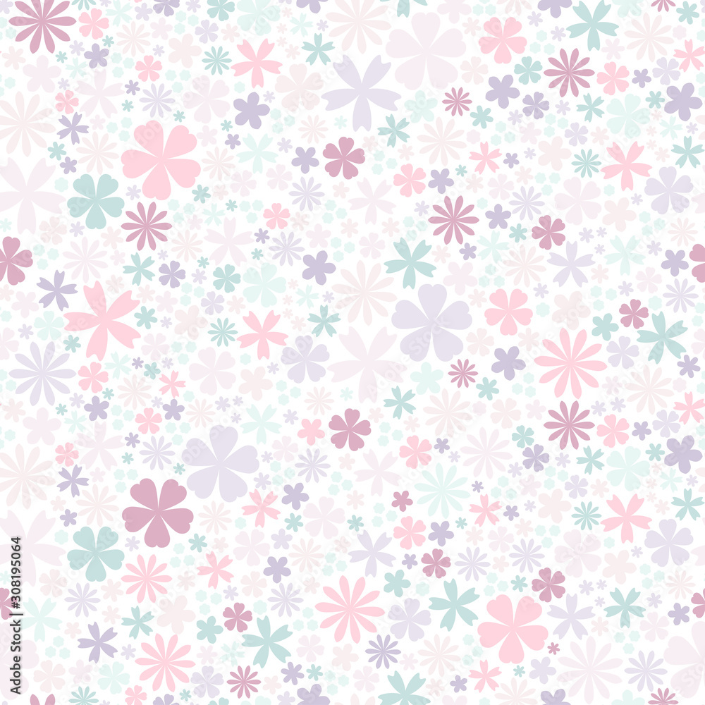 Seamless flower pattern. Flat flowers of pastel colors on white background.