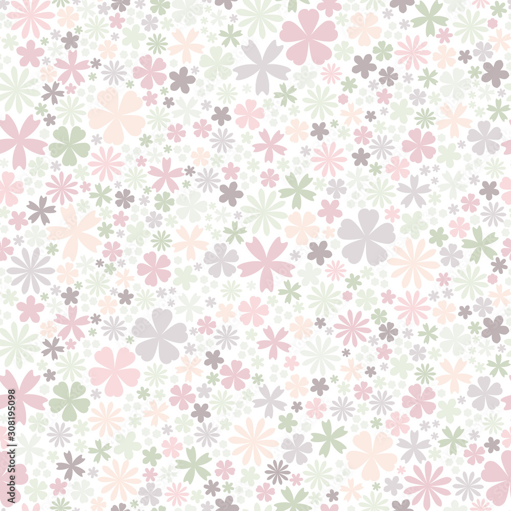 Seamless flower pattern. Flat flowers of pastel colors on white background. Seamless flower pattern. Flat flowers of pastel colors on white background.
