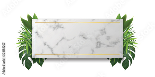 White marble Square, rectangle podium in green background. decor by palm, monstera leaves scene stage mockup showcase for product, sale, banner, presentation, cosmetic, offer. 3d illustration vector.
