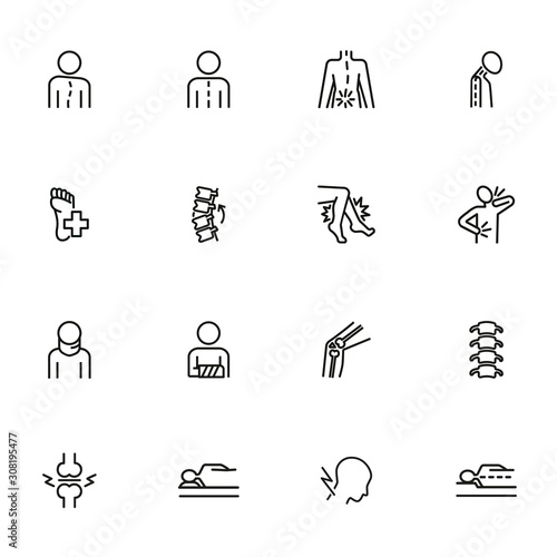 Orthopedics icon set. Line icons collection on white background. Spine, bone, fracture. Medicine concept. Can be used for topics like healthcare, diagnosis, osteoporosis