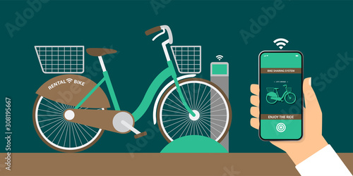flat design illustration vector, bicycle sharing system with special bike rack, hand holding smartphone with bike rental app that ready to release bike rack via internet, smart technology concept. photo