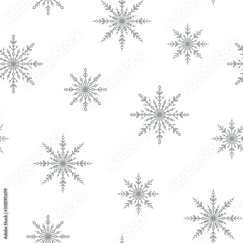Winter seamless pattern with silver grey snowflakes on white background.