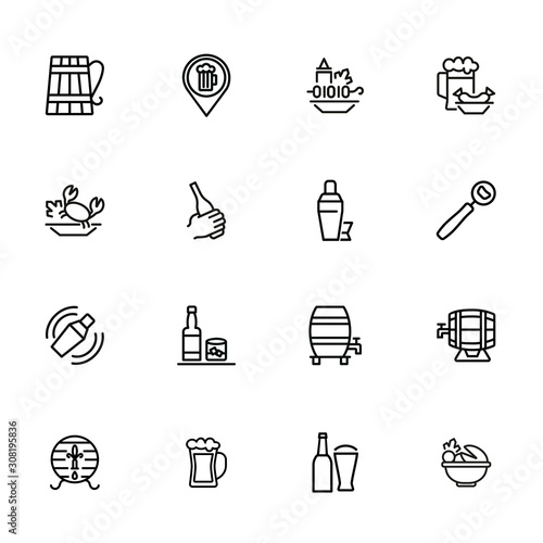 Pubs line icon set. Set of line icons on white background. Cocktail, beer mug, fresh crab. Food concept. Vector illustration can be used for topics like eating, drinking, resting
