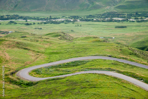 Hairpin turn of rural road in vibrant green alpine meadows