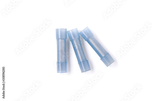 Konstfotografi Blue wire connectors isolated on white background