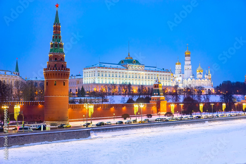 Moscow in winter. Traffic on the Kremlin embankment. Kremlin. Grand Kremlin palace. Churches. Moscow river under the ice. Festive illumination of Moscow. New year. Christmas in Russia.