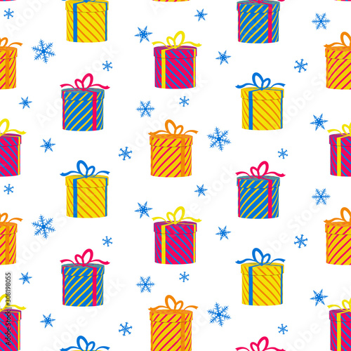 Christmas seamless pattern with gift boxes and snowflakes on white background.