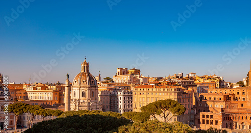Rome aerial rooftop view sunset silhouette old ancient architecture in Italy