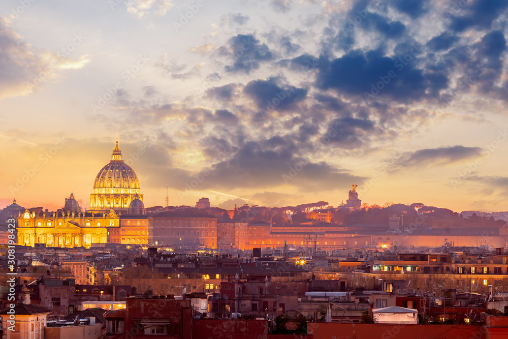 View of sunset city Rome from Castel Sant Angelo, Saint Peters Square in Vatican