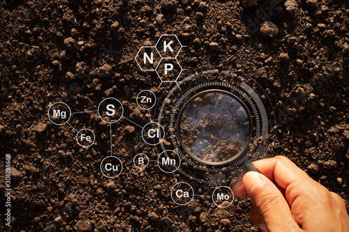 Loam that is rich in minerals and has a man's hand using a magnifying glass to research.