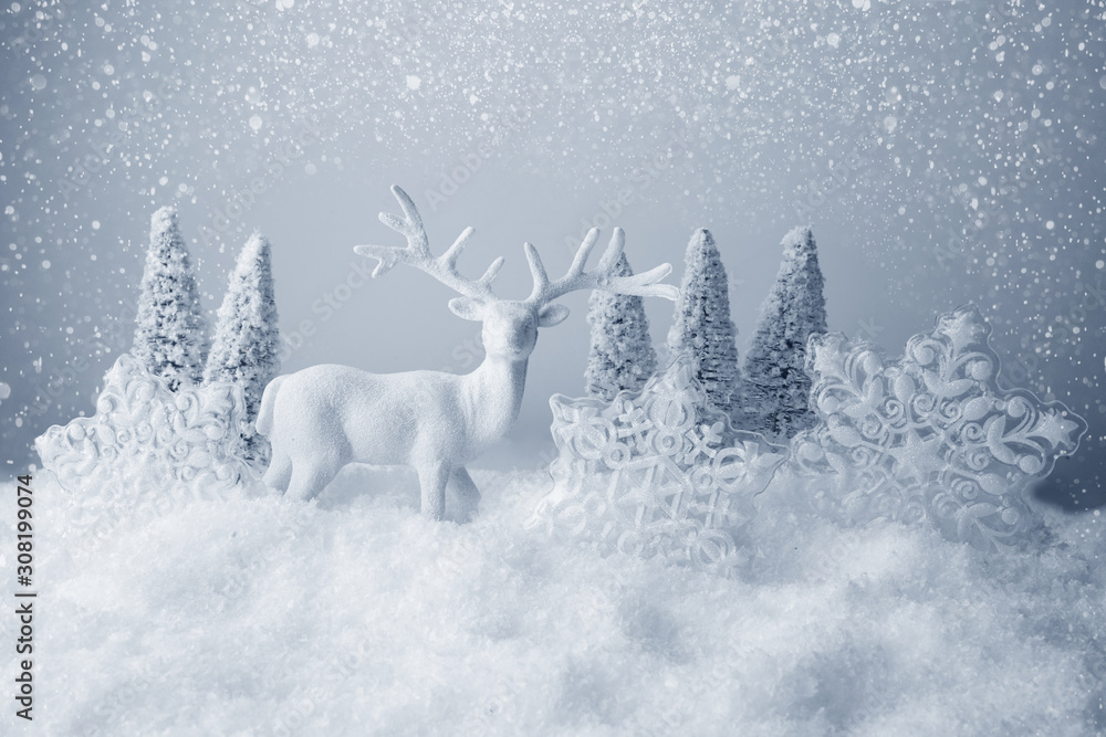 Christmas trees, deer and snowflake on abstract background Christmas trees, deer and snowflake on abstract background