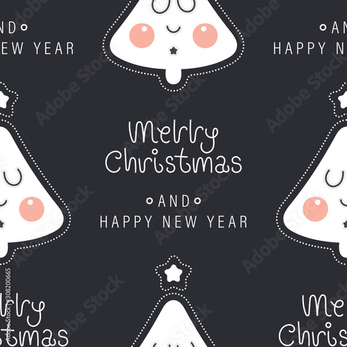 Festive background for new year or christmas. Seamless texture of the cute tree and inscription. For wallpaper, pattern fills, web page, surface textures, textile print, wrapping paper - Vec