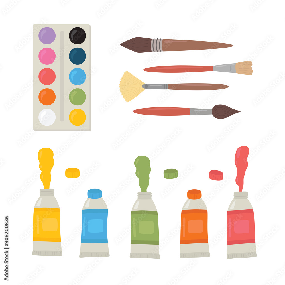 Painting tools elements cartoon colorful vector set. Art supplies paint