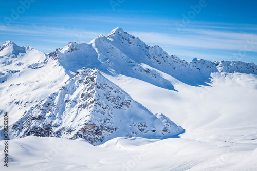 Winter panoramic view of the snowy high mountains of Elbrus in the Russia