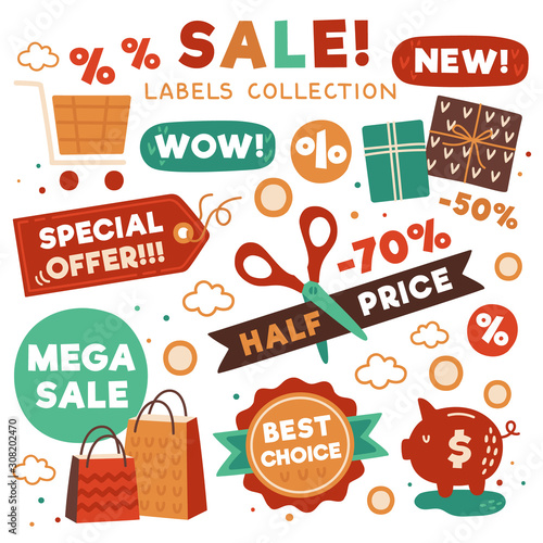 Sale tag collection. Collection of discount stickers: Half price, Special offer, New, Best choise etc,