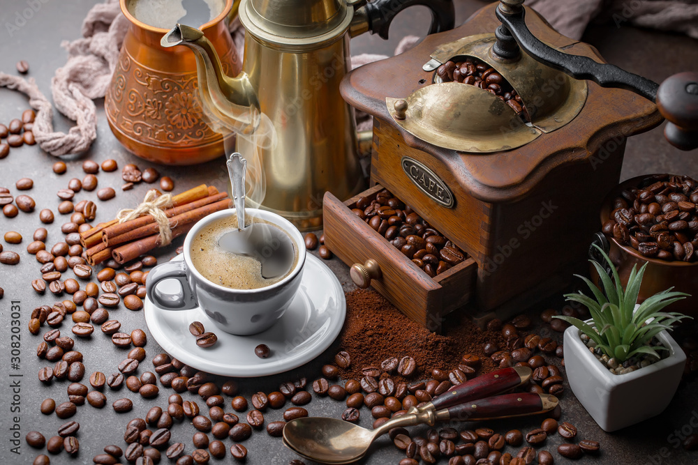 Black coffee on an old background in a cup Black coffee on an old background in a cup