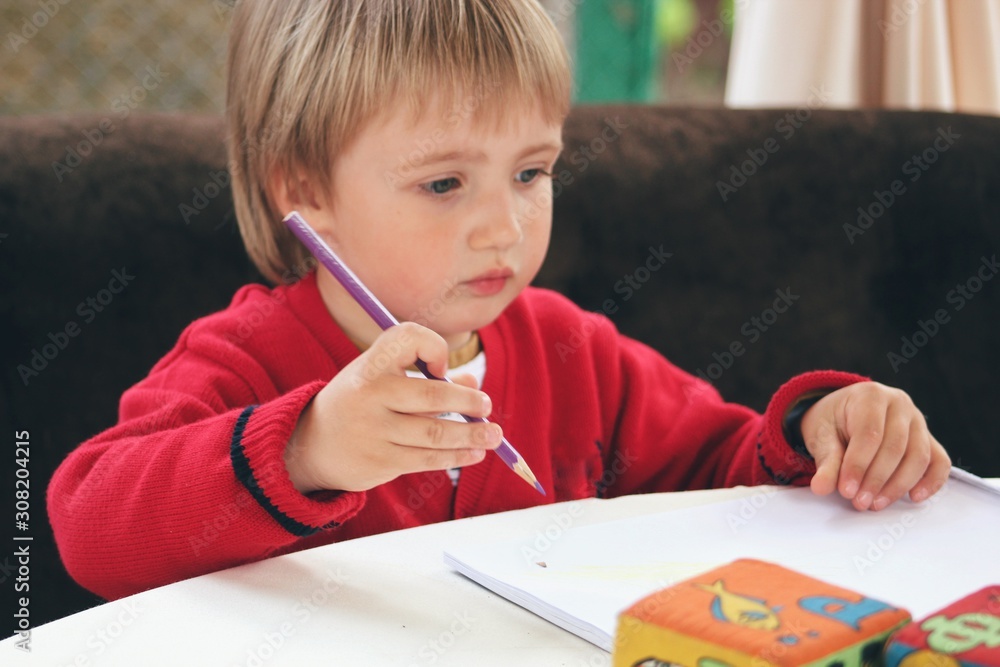 Portrait of little caucasian boy in casual clothes studying at home