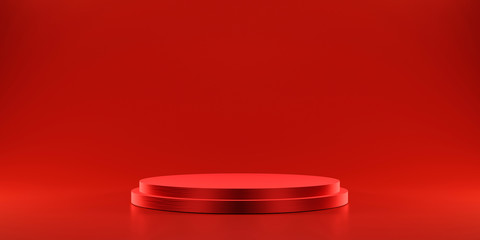 Pedestal of platform display with modern stand podium on red room background. Blank Exhibition stage backdrop or empty product shelf. 3D rendering.