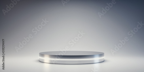 Silver Pedestal of platform display with neon modern stand podium on white room background. Blank Exhibition stage backdrop or empty product shelf. 3D rendering. photo