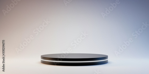 Black Pedestal of platform display with neon modern stand podium on white room background. Blank Exhibition stage backdrop or empty product shelf. 3D rendering.